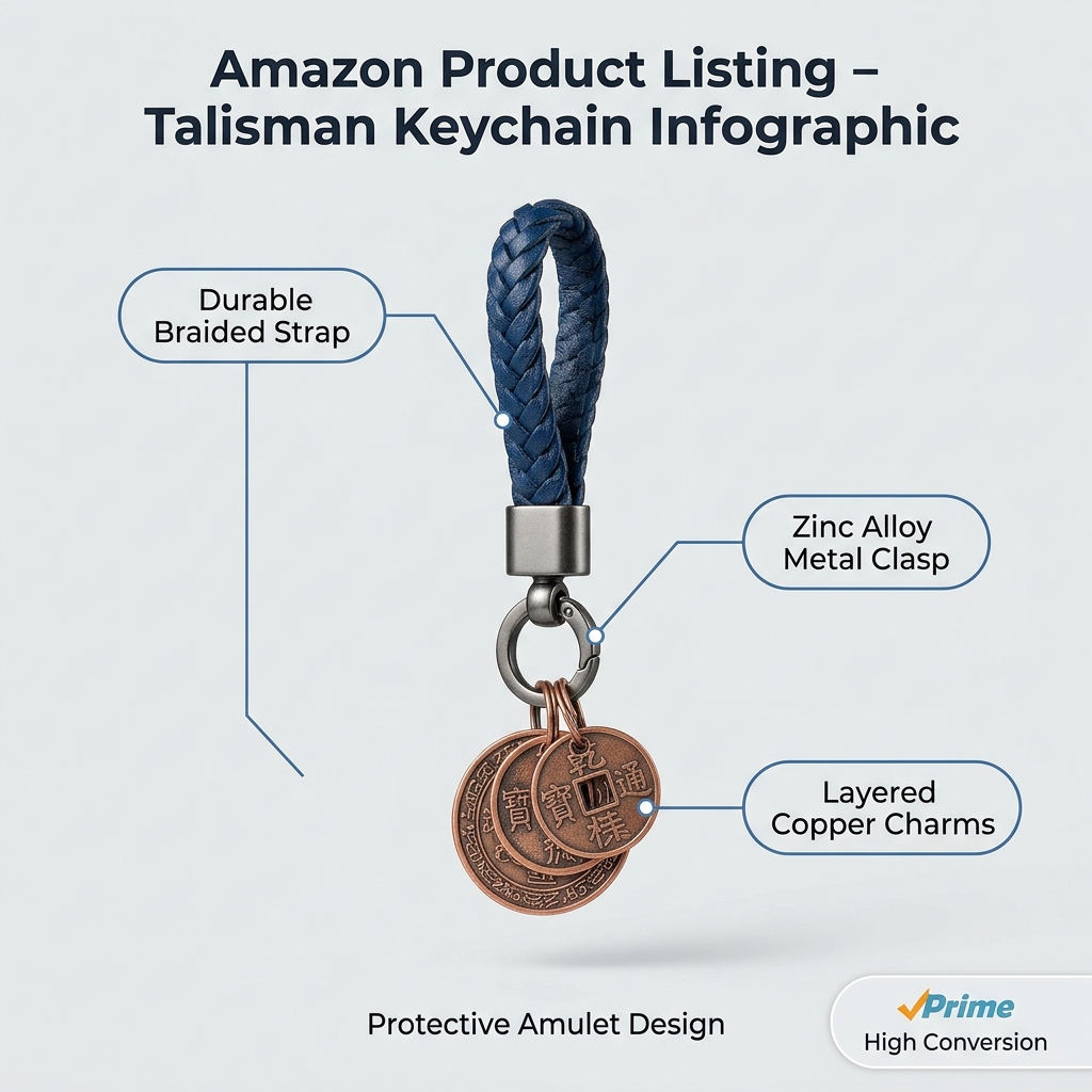Talisman keychain listing infographic detailing parts and structural hooks