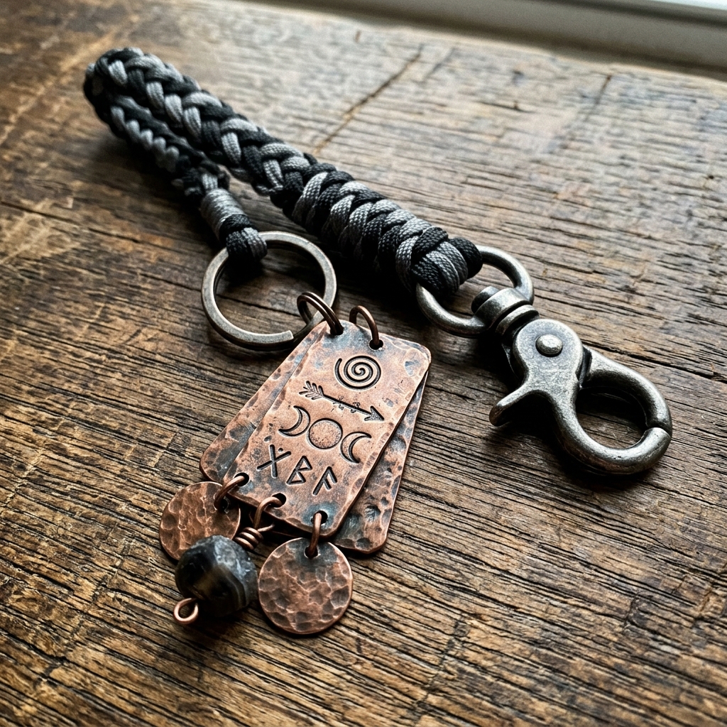Raw smartphone snapshot of keychain on rustic wood surface