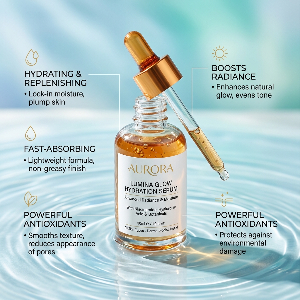 skincare face serum infographic with glass water ripples backdrop