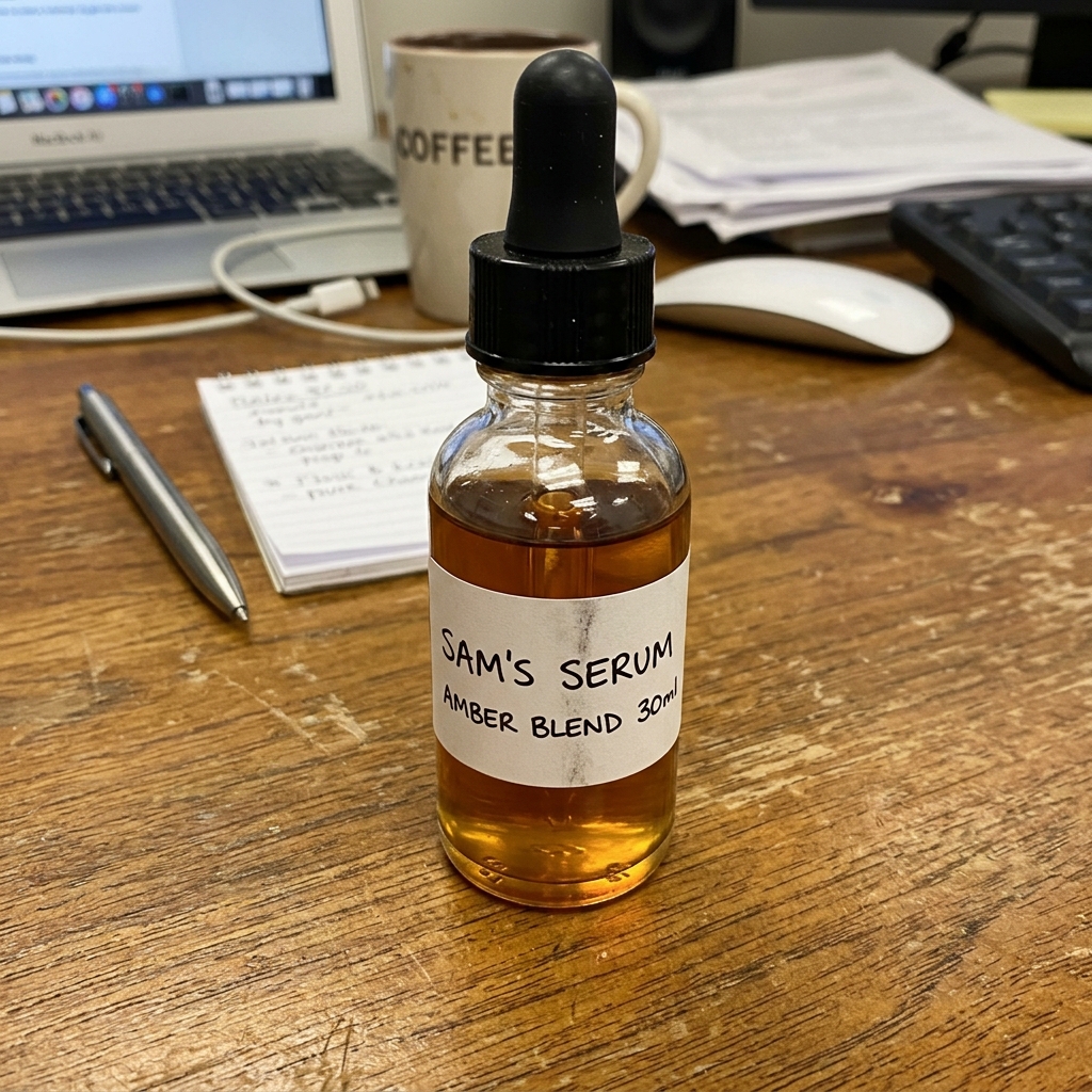 Raw phone photo of face serum dropper bottle on office desk