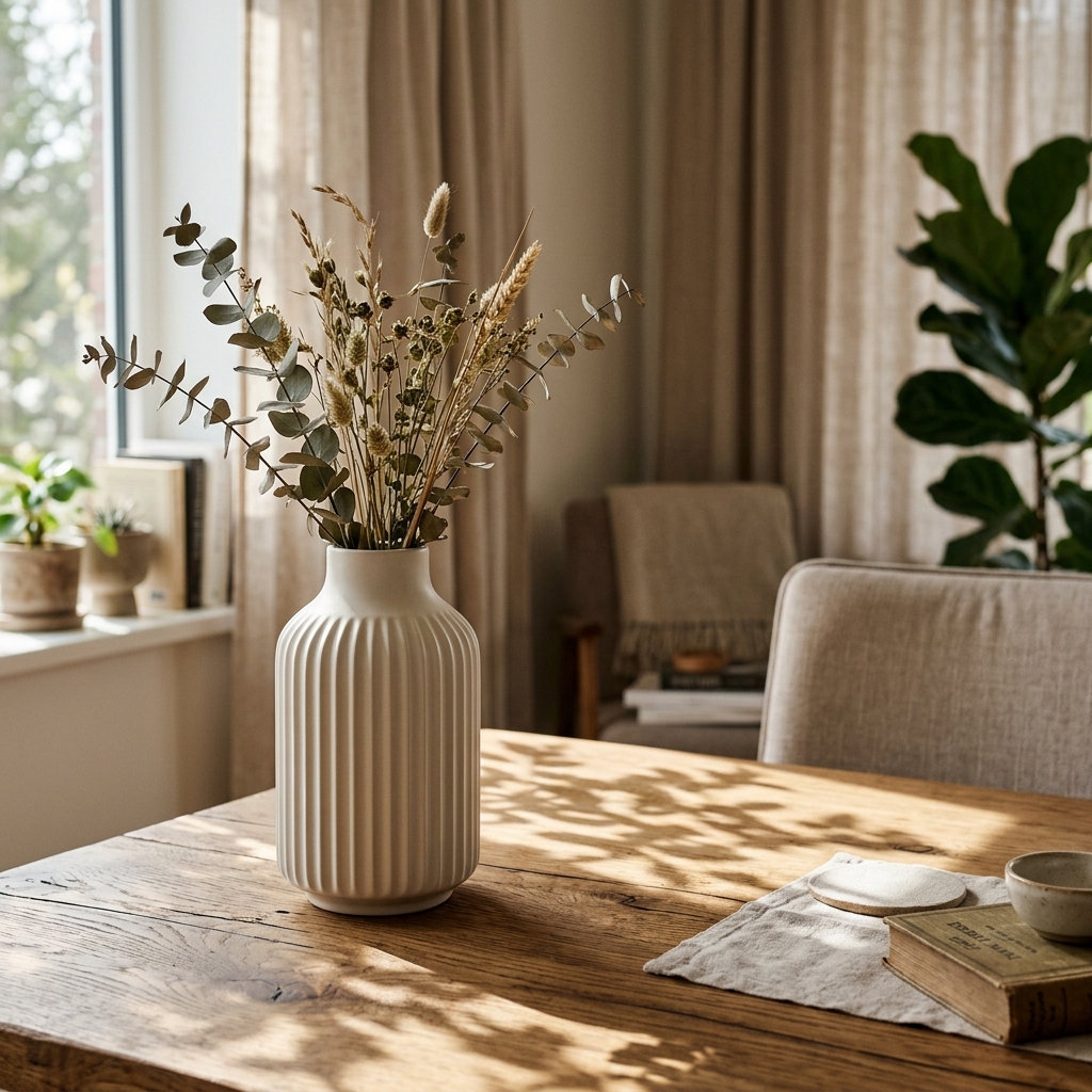 Minimalist ceramic vase sitting on studio wood table with green leaves